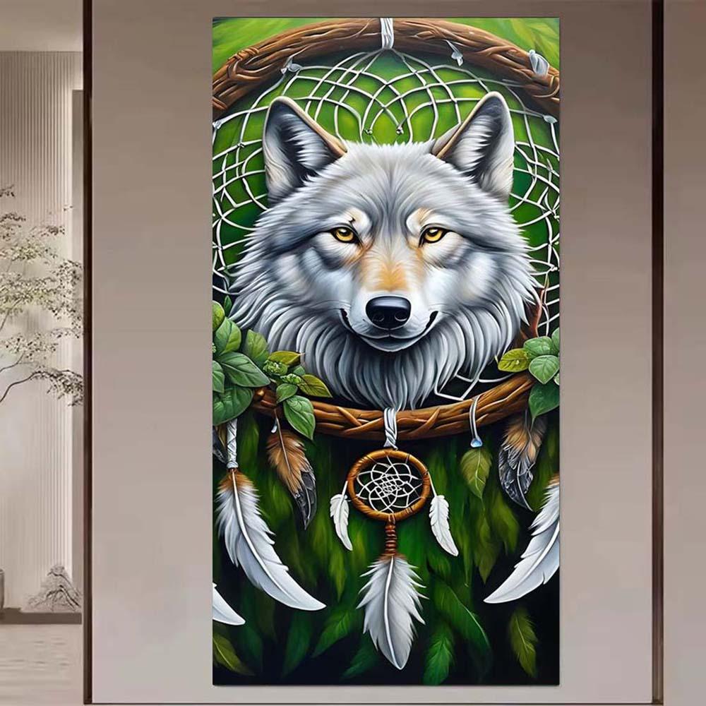 5D Diamond Painting Kit Full Round Drill Wolf, Dreamcatcher, Feather DIY Mosaic Wall Art, Beginner Craft Set (with Tools), Home Wall Decoration Gift, Diamond Art Kit