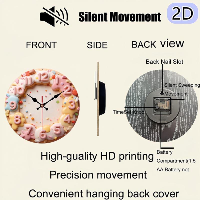 2D flat design. 1 piece set. Sweet Donut Cookie Creative Wall Clock, Silent Decorative Wall Clock, Creative Wall Clock, Suitable for Bedroom, Living Room, Office Decoration, 25/30 cm (excluding AA batteries), 2D Flat Version