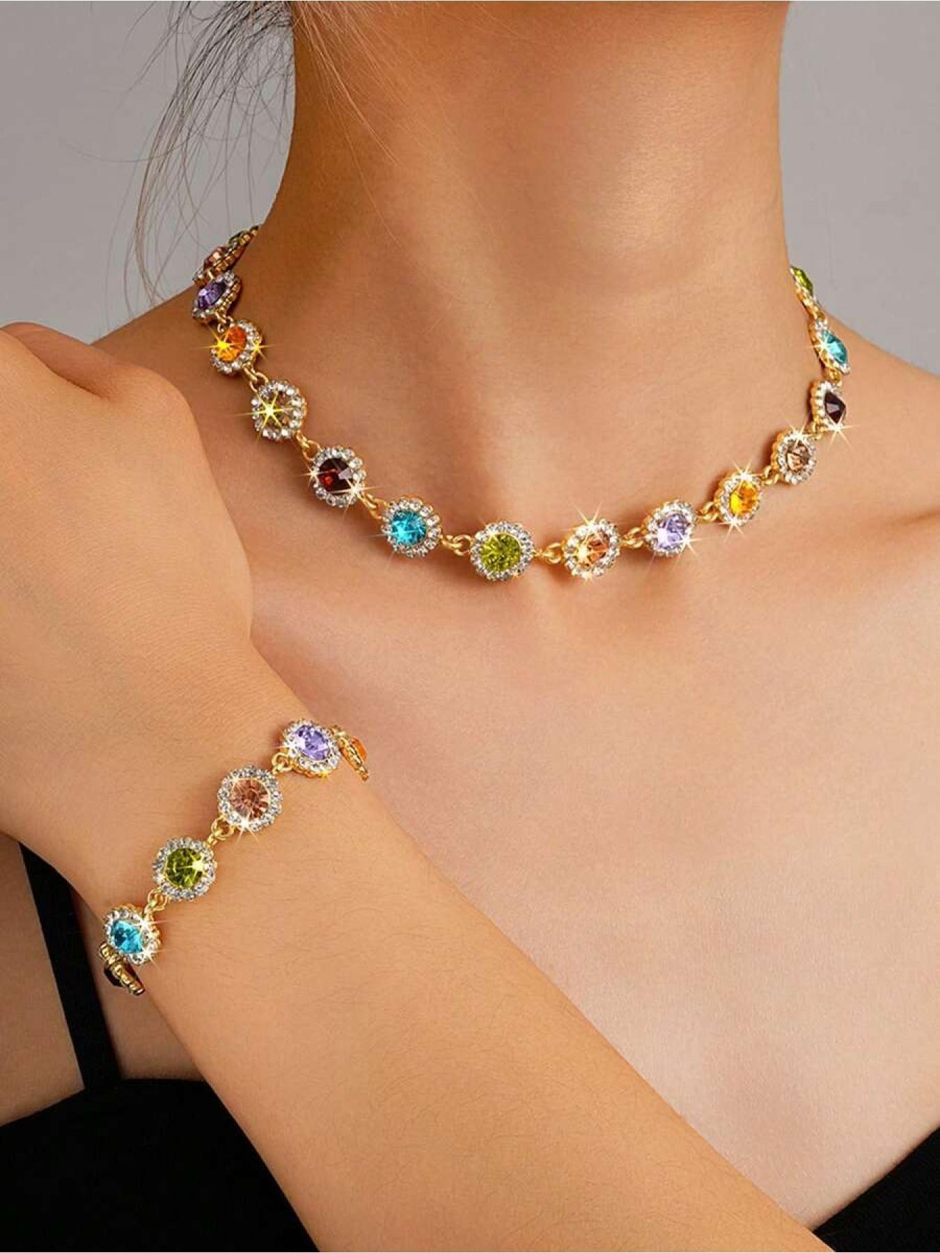 Rainbow Gemstone Jewelry Set, Necklace and Bracelet with Multicolor Gems and Crystal Accents, Perfect for Music Festivals and Parties