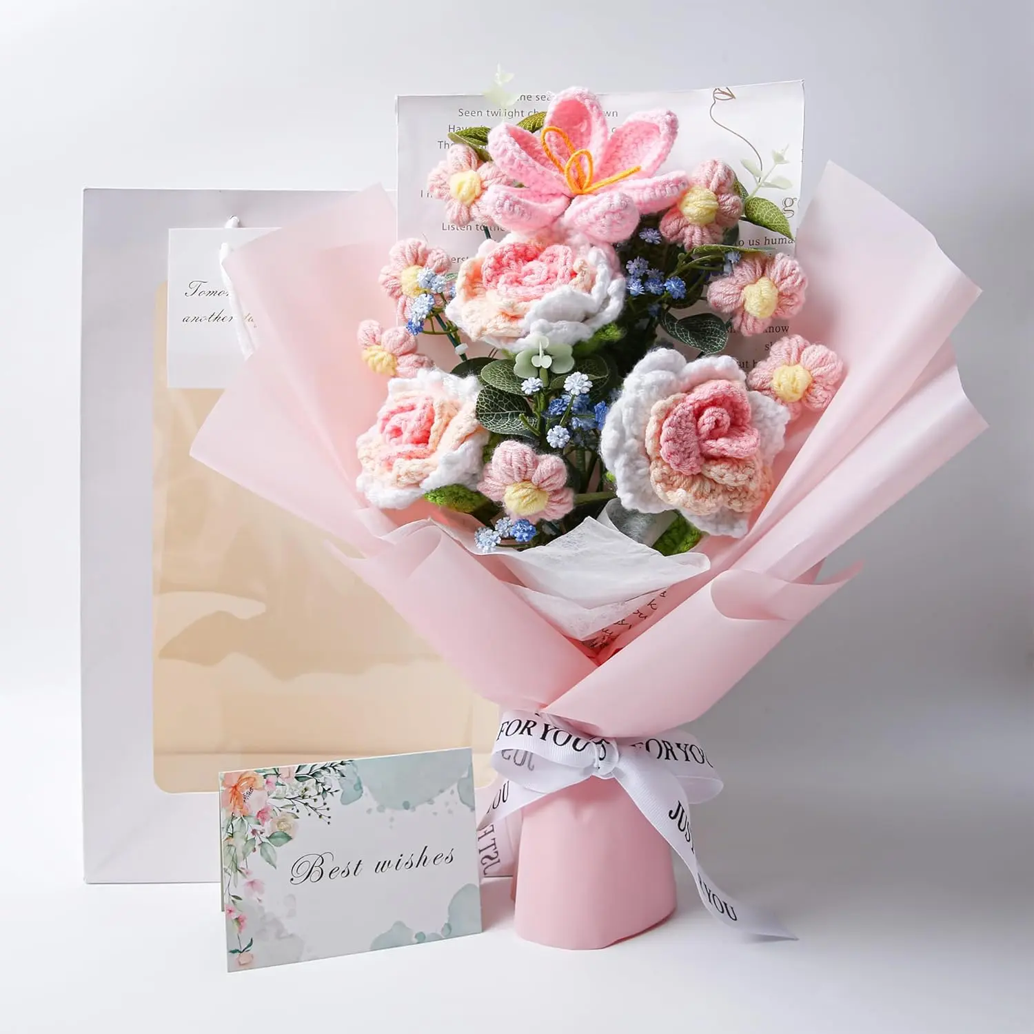 Handmade Crochet Flower Bouquet with Roses, Bag, and Greeting Card for Home Decor and Gifts for Mom, Girlfriend, Women – Valentine's Day, Anniversary, Wedding, Birthday