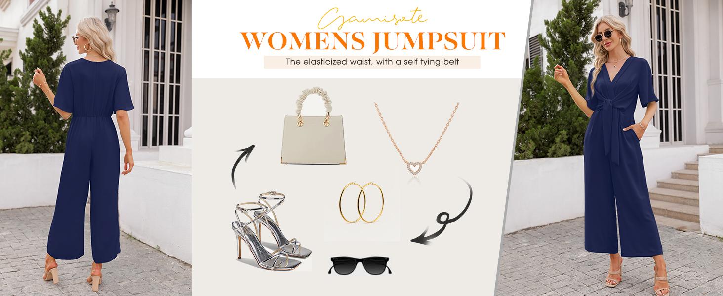 Imily Bela Women's Wide Leg Jumpsuits Short Sleeve V Neck Tie Knot High Waist Summer Long Romper Shortsleeve Basic Minimalist Overalls