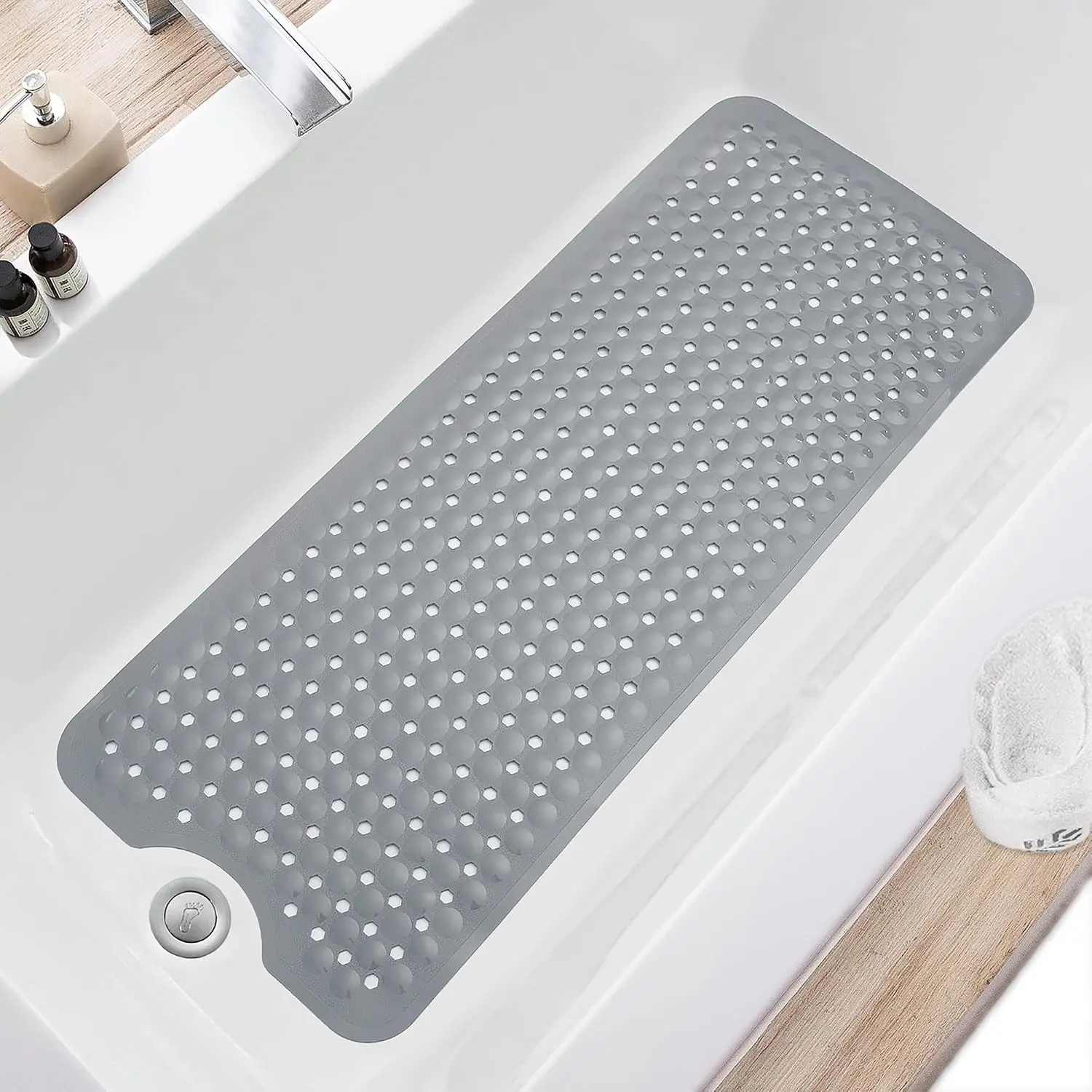 Bath Tub and Shower Mats, Non Slip 40 x 16 Inch Extra Large Bathtub Mat, Machine Washable Bathmat with Drain Holes, Suction Cups for Bathroom Floor, Gray