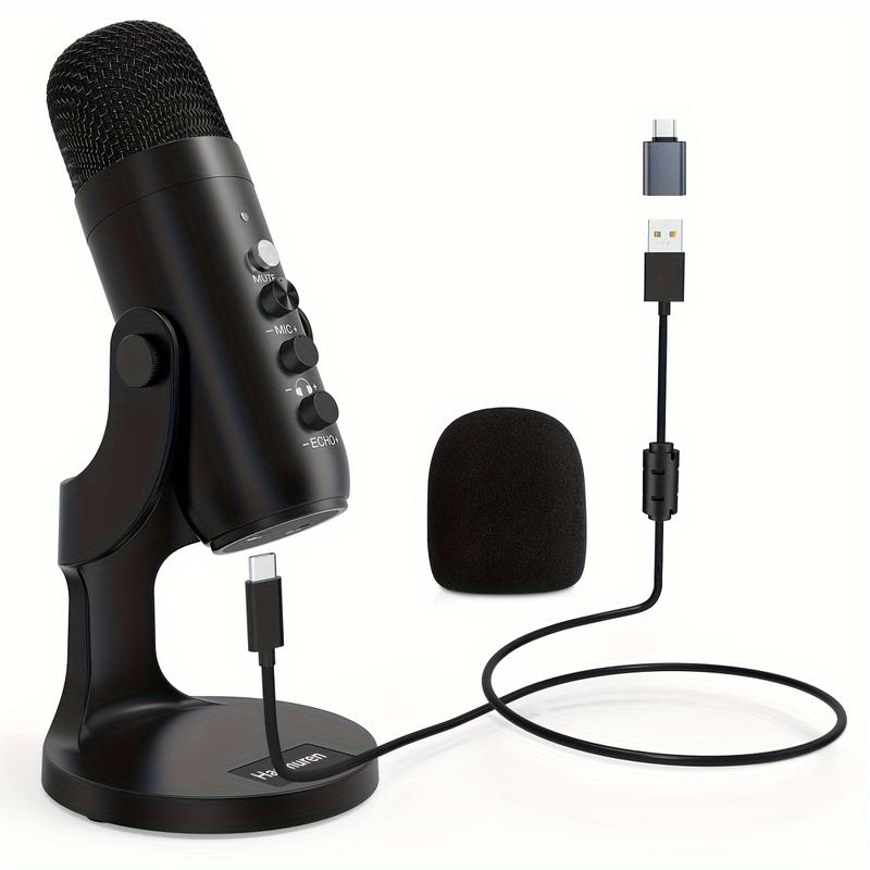 HAOMUREN USB Powered Microphone with Type-C Adapter & USB Cable, Condenser Microphone with Noise Cancelling & Echo Function, Microphone for Live Streaming, Noise Reduction Mic