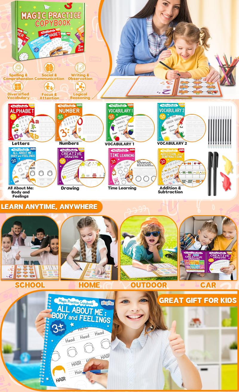 GISGFIM 8 Pack Large Magic Grooved Practice Copybook with Disappearing Ink Pens Pencil Grips for Kids Reusable Magical Handwriting Workbook Letter Tracing Books for Kindergarten Preschool Kids Age 3-8