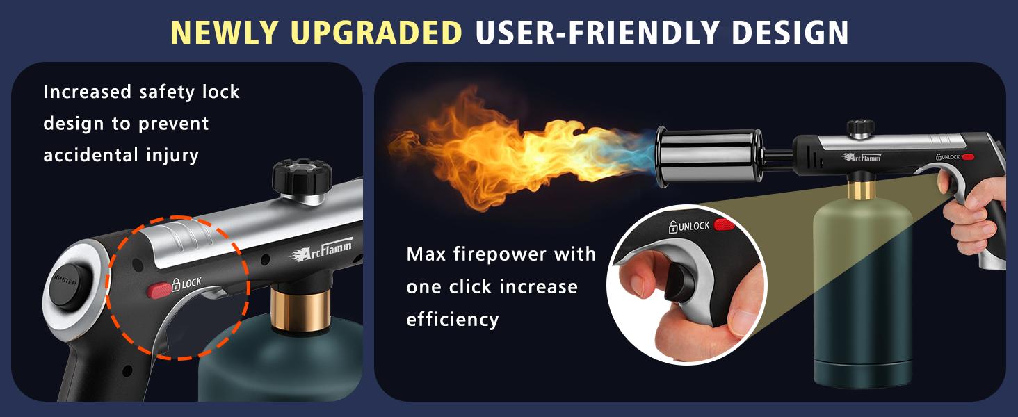 ARTFLAMM Powerful Propane Torch Gun, Grill Gun with Turbo Mode & Safety Lock, Charcoal Torch, Kitchen Blow Torch for Cooking, BBQ, Searing Steak (Tank Not Included)