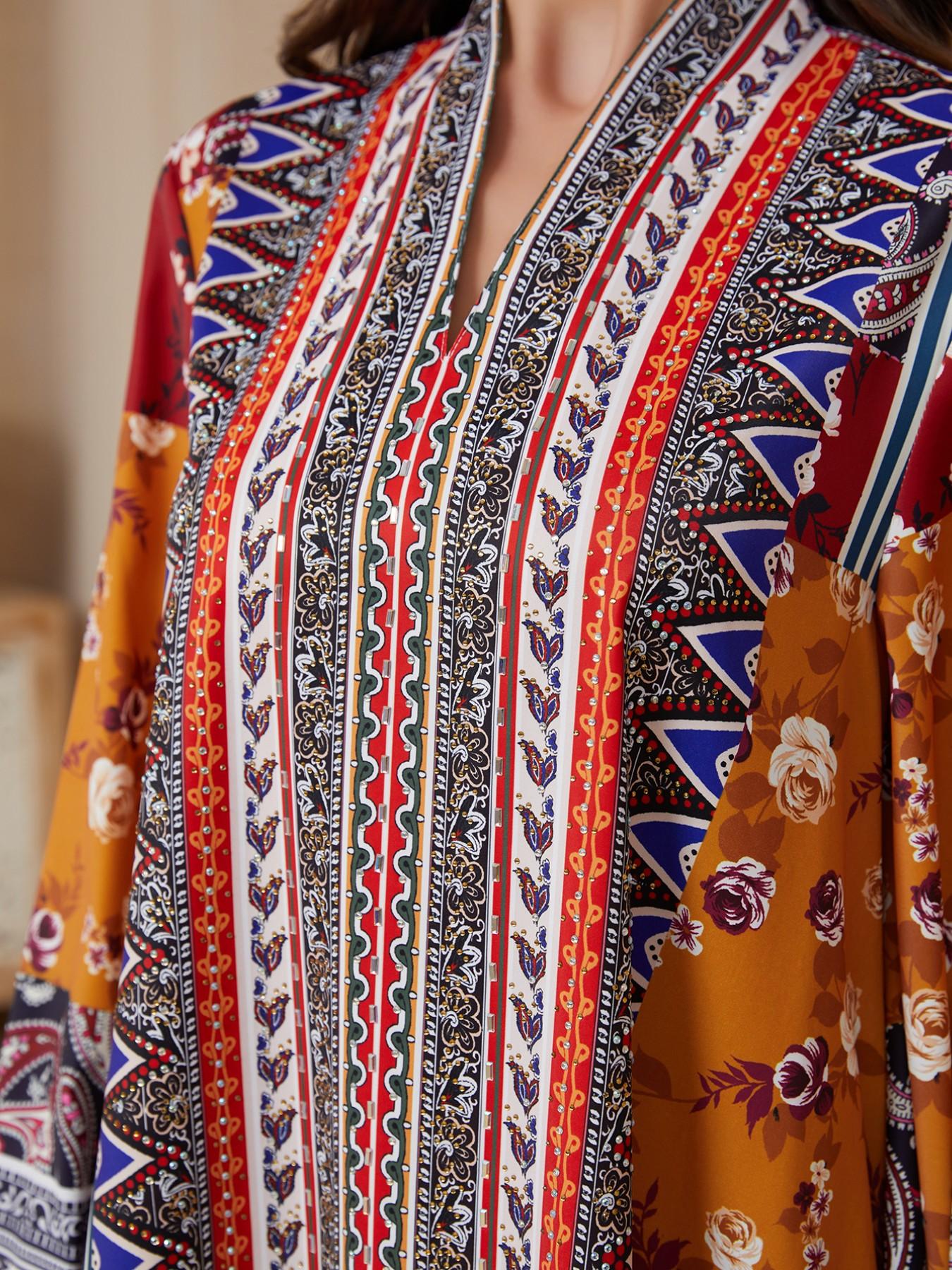 Middle Eastern Ramadan Eid Abaya, Colorblock Floral Cashmere Long Robe, Dubai Style Ethnic Koftan, Traditional Women's Dress