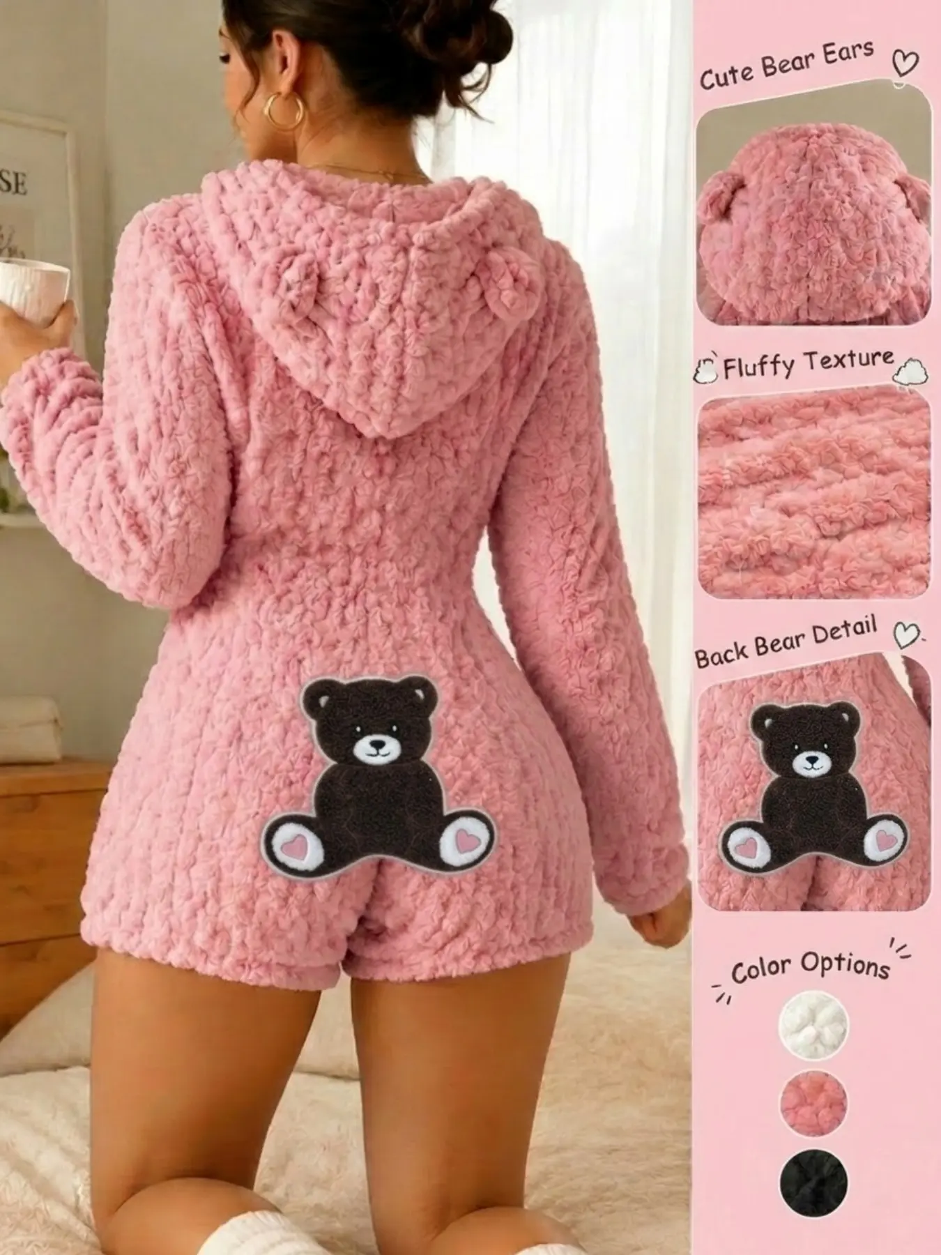 Women Cute Bear Ear Hooded Fuzzy Onesie Pajamas, Zip‑Up Short One‑Piece Loungewear, Fleece Sleepwear With Bear Patch On Back, Soft Warm Outfit For Home Sleep Sleepover Party Cosplay, Multiple Sizes