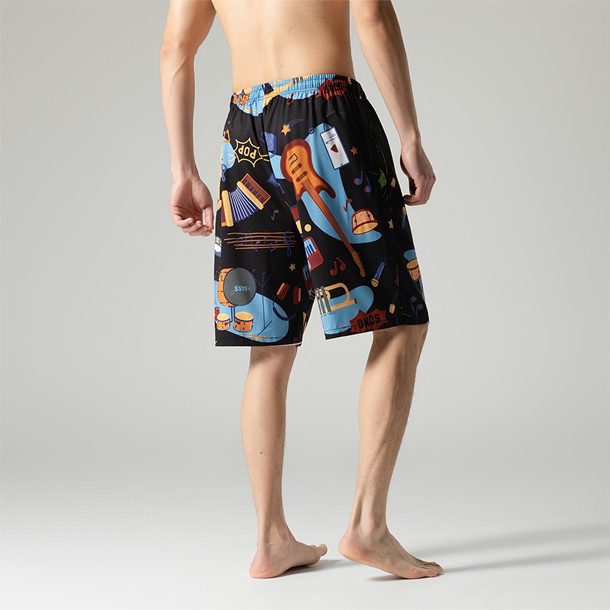 Men's Relaxed-Fit Knee-Length Casual Shorts - Menswear with Vivid All-Over Bright Multicolor Graphics, Reinforced Waist & Side Seams, Adjustable Dual Drawcord, Shape-Retentive Anti-Wrinkle Cool Thin Elastane Fabric
