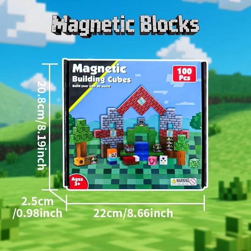 100 magnetic building blocks and tiles for stacking and construction – “Magnetic World” series, STEM Montessori sensory toy magnets, Valentine’s Day gift, boyfriend gift, educational activity, creative play, outdoor fun squares.