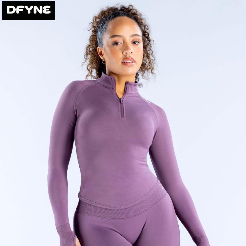 Women's DFYNE Full-Zipper Matte Soft Nylon Blend Plus Size Long Sleeve Yoga Top - Breathable Slim Fit Workout Gear for Gym