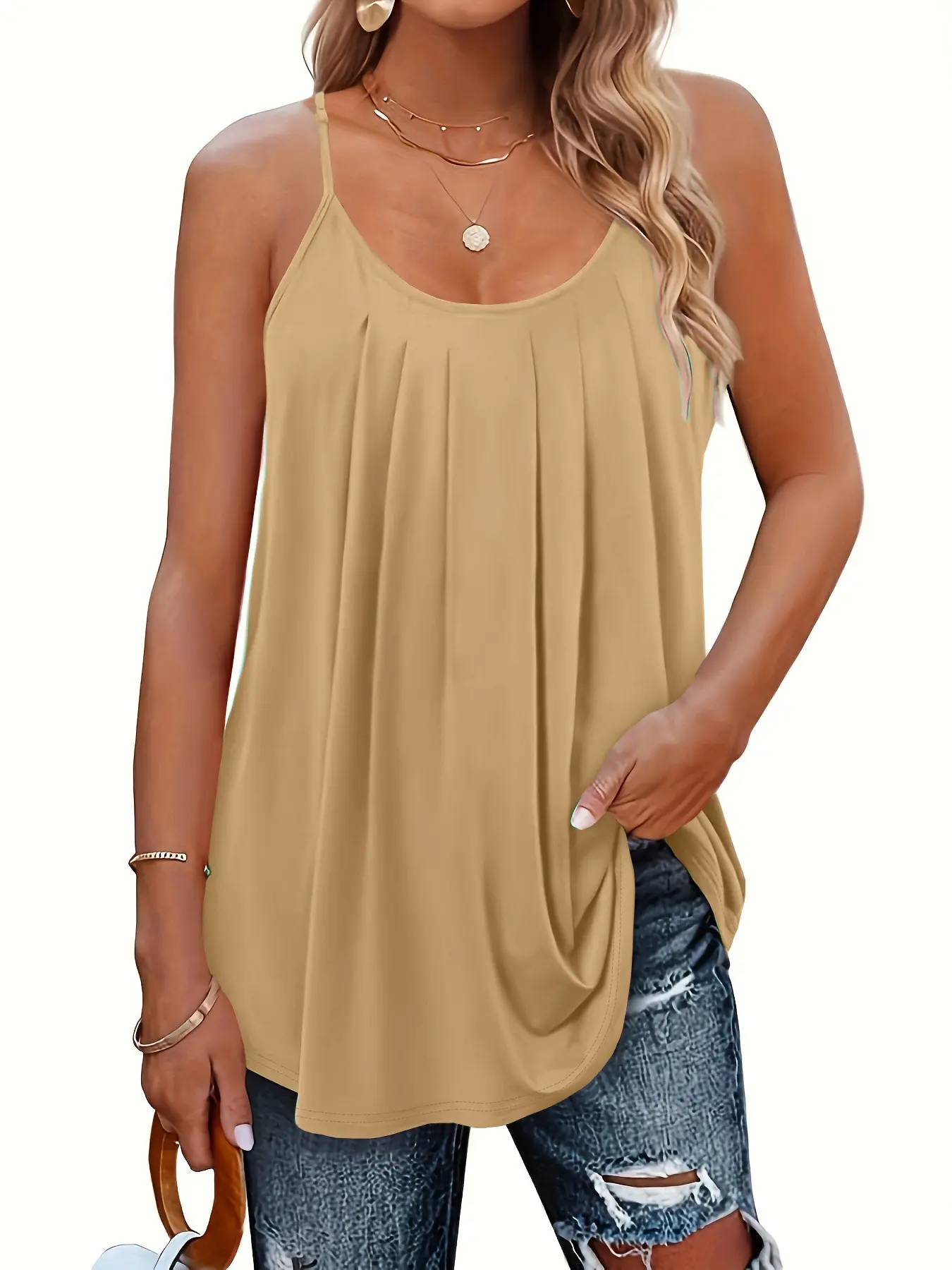 Spring Summer New Lightweight Sleeveless Spaghetti Strap Cami Top, Pleated Design, Casual Daily Wear, Elegant Chic Fitted Plain Color, Women