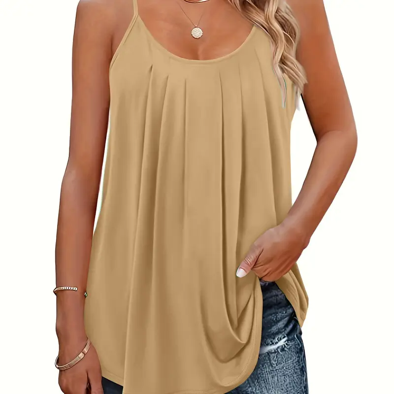 Spring Summer New Lightweight Sleeveless Top, Pleated Design, Casual Daily Wear, Elegant Chic Fitted Plain Color, Women, Elegant Comfy Cami