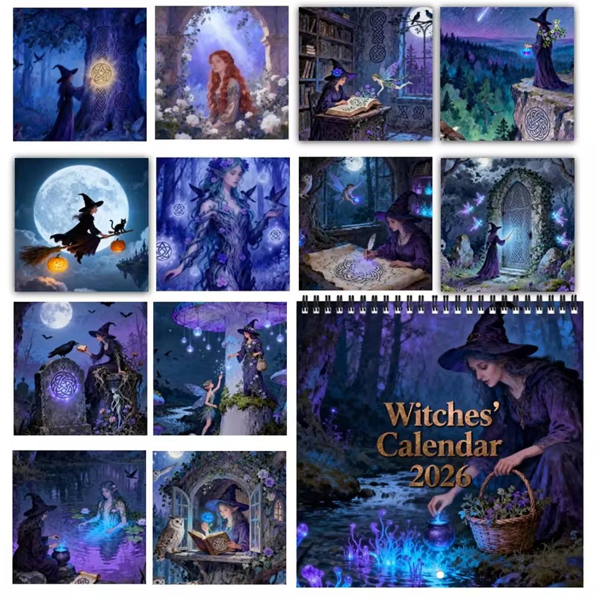 2026 Witch Theme Wall Calendar Planner, 12 Months Colorful Illustrations, 7.9in X 7.9in Perfect Size, Cute Fun Witch Art Decor Gift