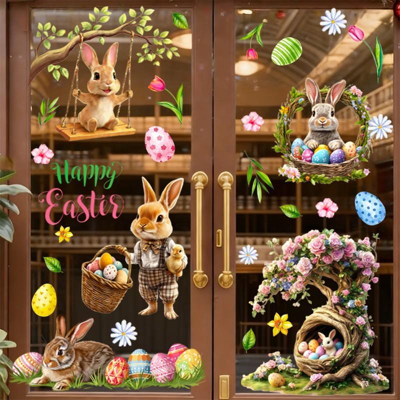 3pcs Easter Bunny & Egg Window Stickers, Floral Design, Wall Decor, Home Decoration, Party Supplies, Unique Gift Idea