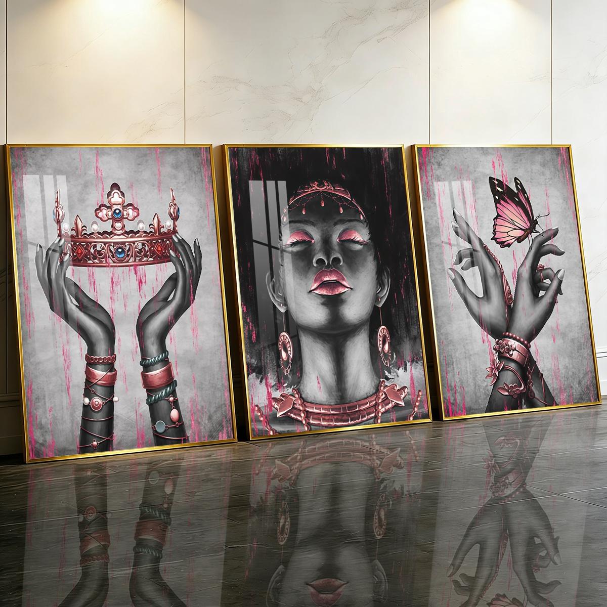 3 Counts Aluminum Alloy Framed Painting, Elegant Black And Pink Crown Butterfly Lady Artwork, Home Decoration For Living Room, Bedroom, Office, Restaurant, Hallway Wall Decor, Odorless Print Artwork, Luxury Perfect Gift For Friends And Family