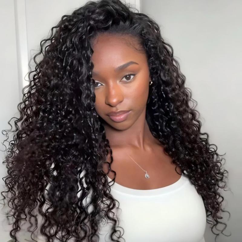 Bling Hair Half Wig Human Hair Water Wave Human Hair Glueless Wigs Seamless Clip Ins Flip Over Wear Go Wig Invisible Hairline Beginner Friendly 18 Inch
