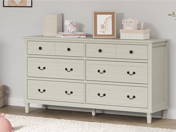 RoyalCraft  6 Drawer Dresser, 58" Wide Chest of Drawers with Large Metal Handle, Modern Wood Drawer Organizer for Bedroom, Living Room, Hallway, Closet, Light Grey