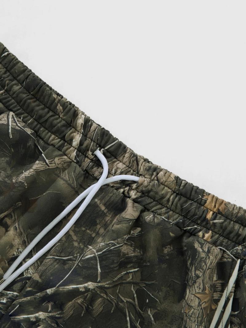 Men's Casual Camo Pants, Loose Fit Outdoor Pants with Adjustable Drawstring Waist, Letter Star Print, Practical Side Pockets, Camouflage Pants