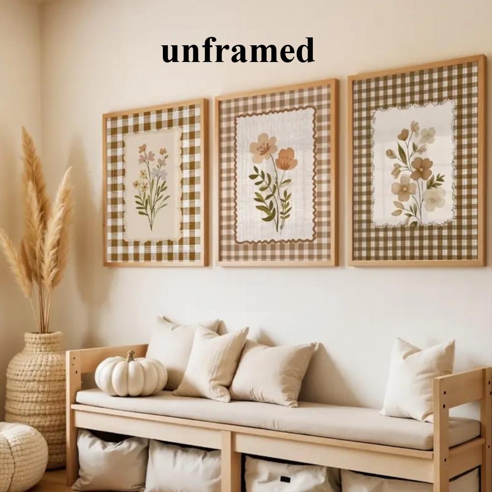 3 Pieces Optional Wooden Frame Nostalgic Wall Poster Classic Rustic Wildflower Art Print Brown Plaid Floral Canvas Painting Art Bedroom Hallway Decor Corridor Entryway Wall Embellishment Physical Photo Frame Adaptable Poster