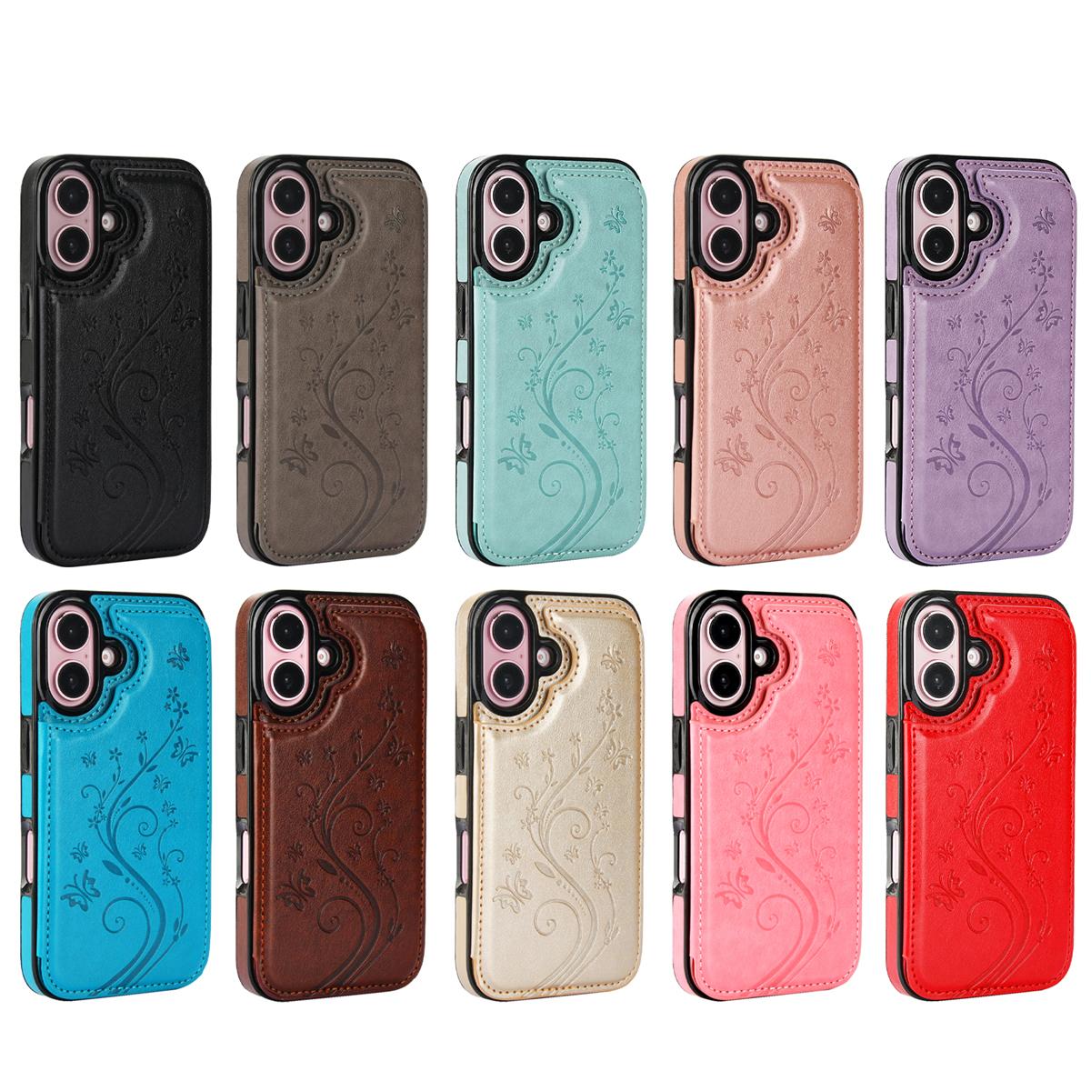 HISTORYOO Card Slots Case For iPhone 17 Pro Max Air 17 16 15 14 13 12 11 Pro Max 16 15 14 Plus / Pro Wallet Card Holder Stand Durable Magnetic Clasp Soft TPU Shockproof Back Cover Flower Butterfly Pattern Bumper Rubber Retro PU-Leather Phone Case