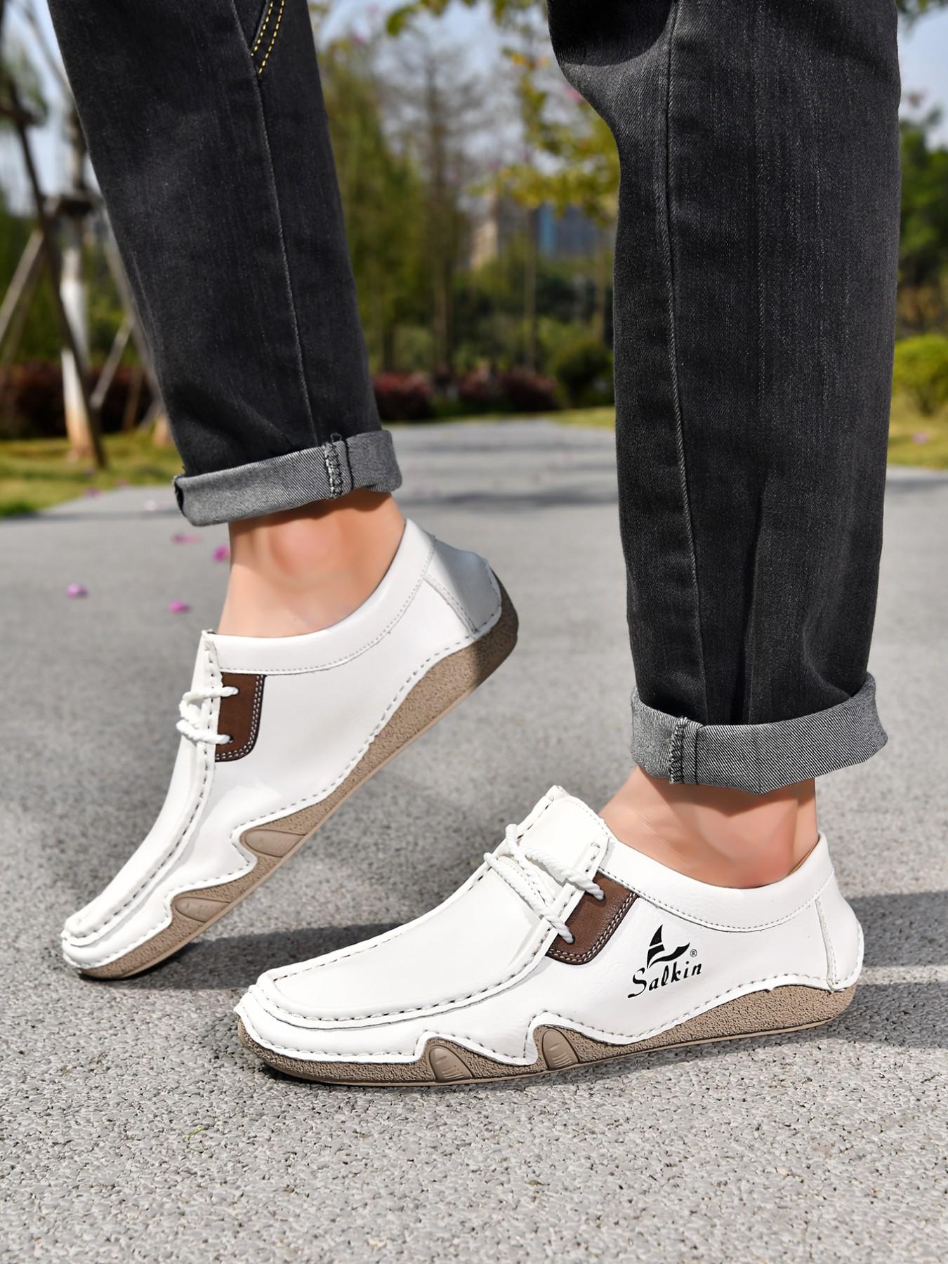 Men's Large Size Hand-Stitched Casual Shoes, Fashion Loafers, Low Top, Vintage Laces, Comfortable Rubber Sole, Outdoor & Office Wear