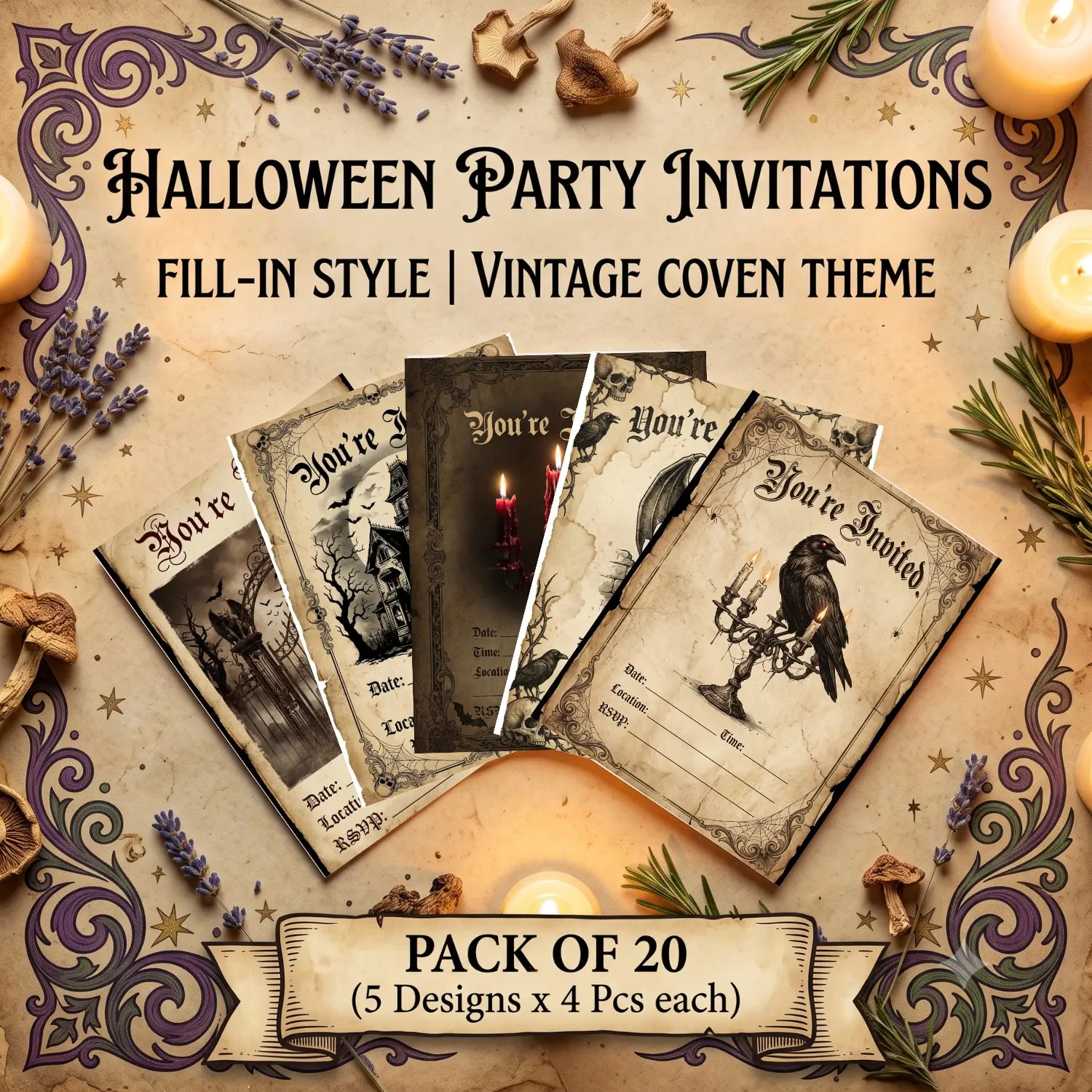 Vintage Gothic Halloween Party Invitations Set, 20 Pack 5x7 Inch Fill-In Cards with Envelopes, Perfect for Spooky Celebrations