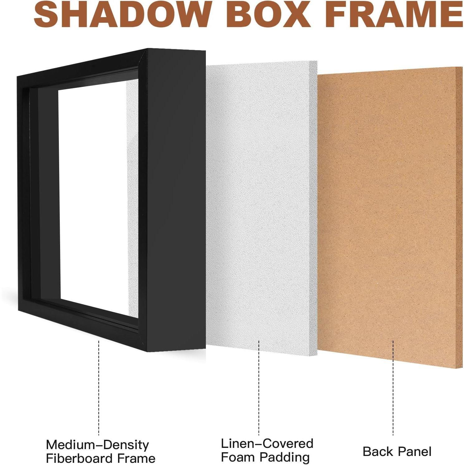 8x8 Shadow Box, Shadow Box Frame with Soft Linen  - Push 12 count Pins Included,  Picture Display Cases Box , Tickets, Souvenirs, Photographs, Handicrafts (Black)