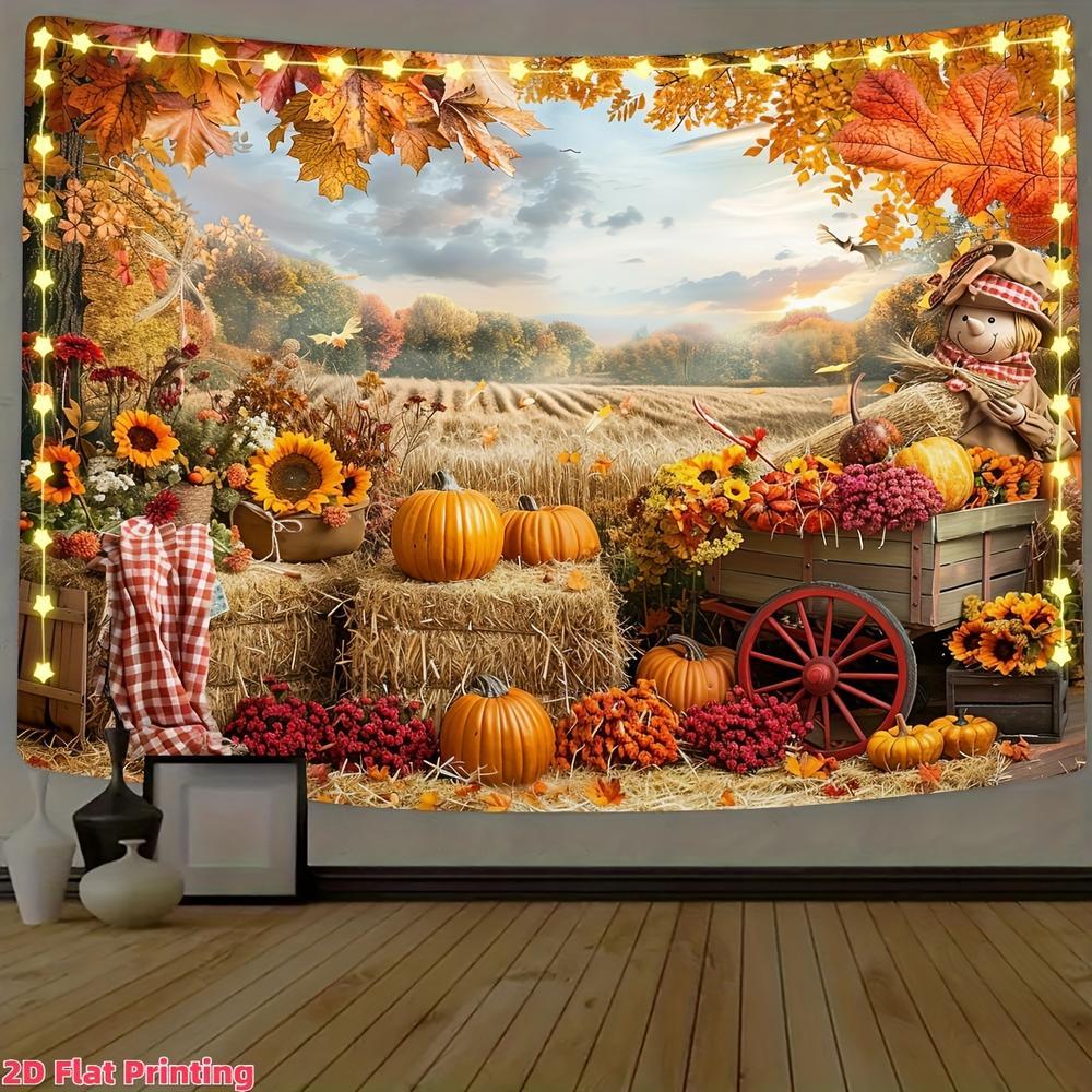 2D Flat, 2D Flat Banner - Autumn Thanksgiving Photo Backdrop with Vibrant Pumpkin Harvest Scene, Featuring Wheat Fields and Sunflowers with Cartoon Gnomes, Polyester Material, Multiple Sizes Availab