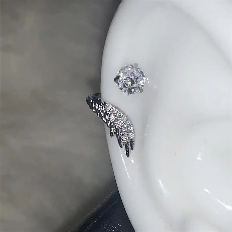 Women's 1pc Silver 316L Stainless Steel Wing Ear Bone Nail - High Quality Earrings, Sparkling Rhinestone Ear Jewelry, Hoop Shape Earrings, Stainless Steel Hoops Fashion Accessory, Sparkling Ear Jewelry