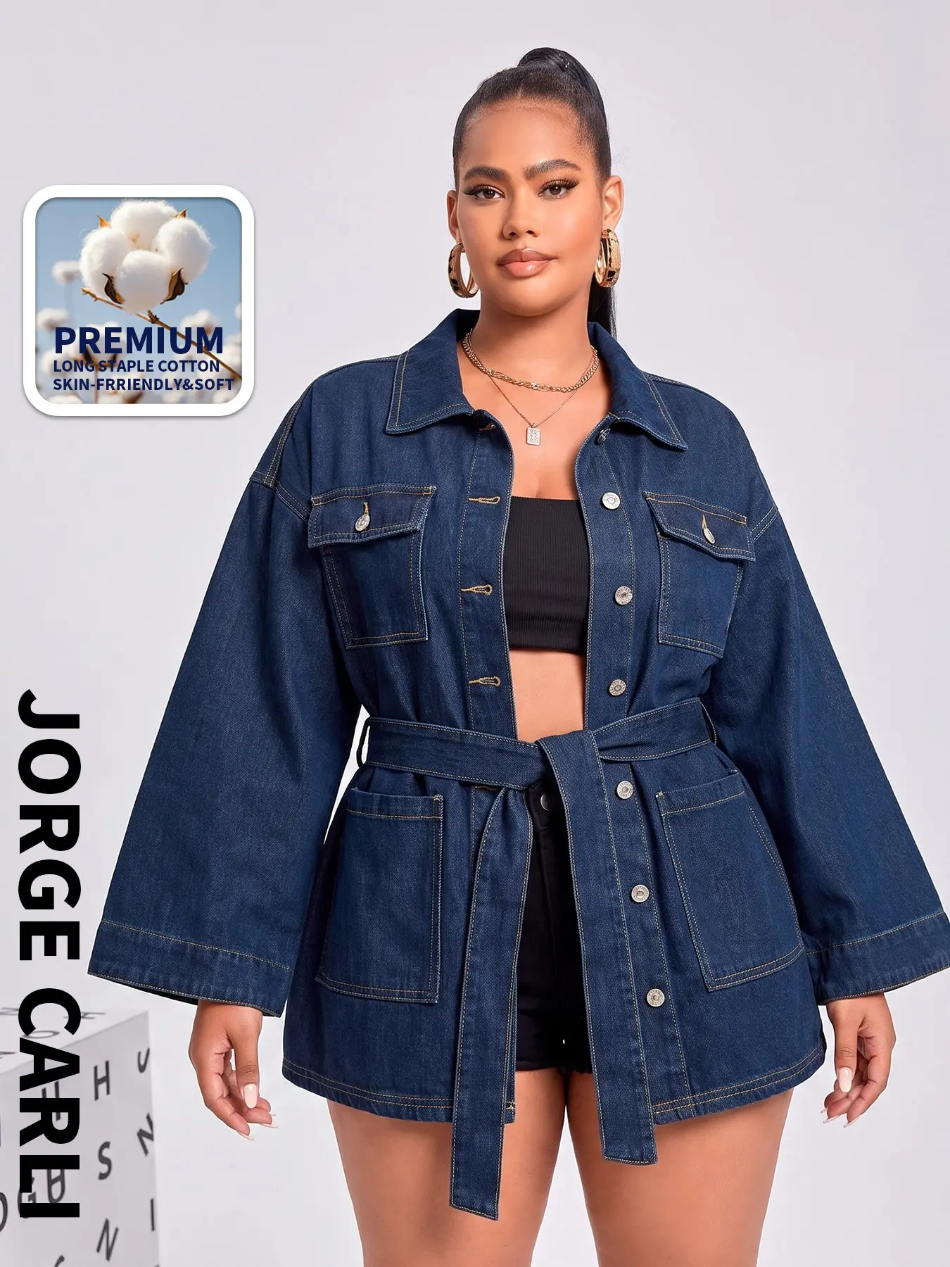 JORGE CARLI women Belted Denim Utility Outerwear Jacket Lapel Collar Multi‑Pocket Oversized Waist Tie Dark Blue Denim Coat Plus Size Friendly