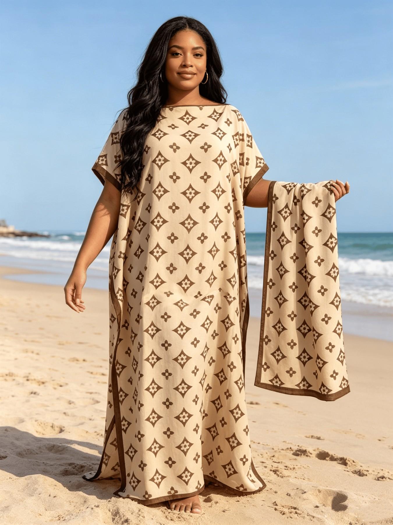 Beige Brown Four-Leaf Clover Print Aesthetic Kaftan Two Piece Set With Matching Scarf, Oversized Split Hem Maxi Robe, Soft Casual Loungewear Beach Night Dress, Fits Plus Size Curvy Figures