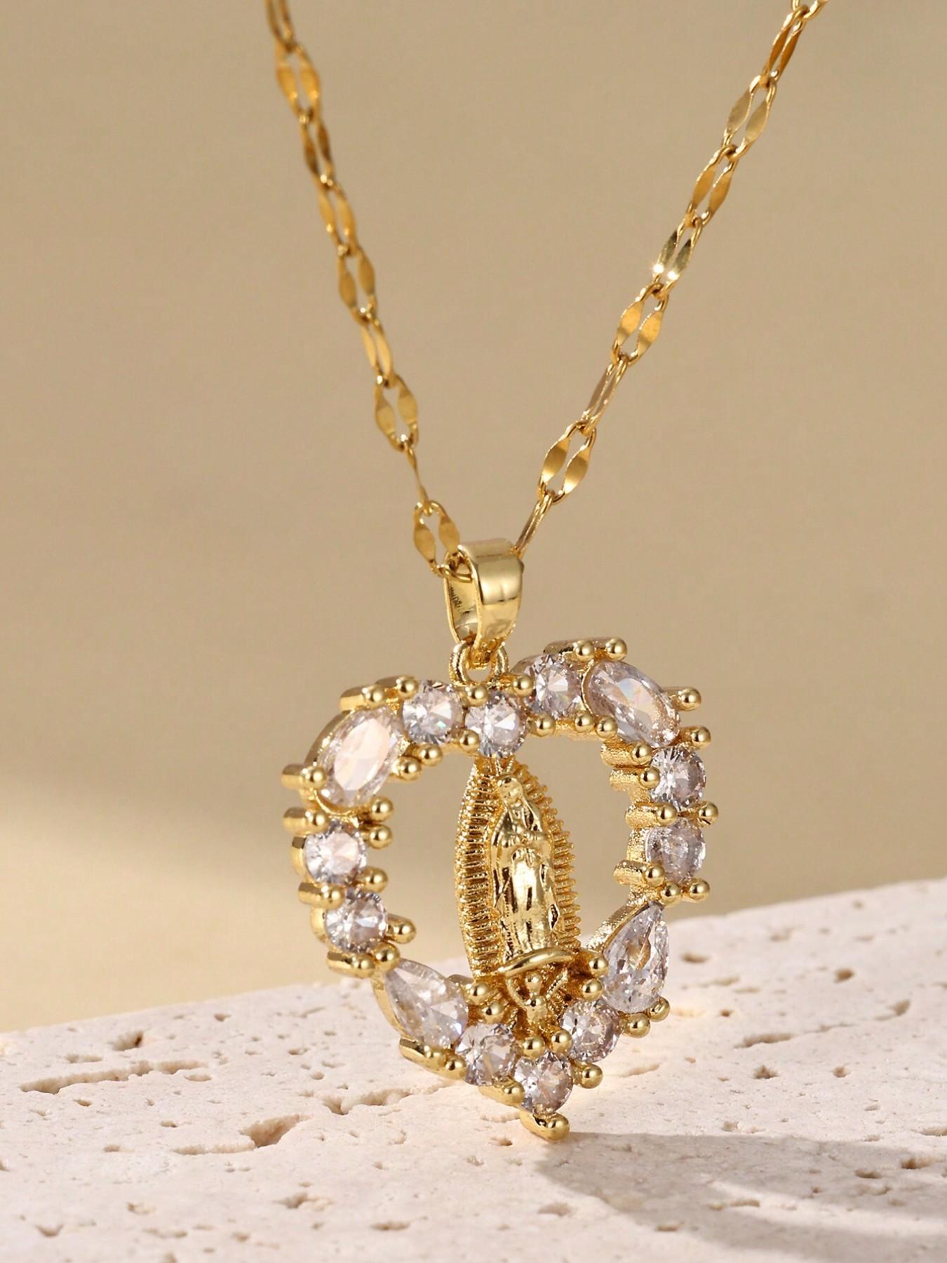 Elegant Virgin Mary Heart Shaped Zircon Pendant Necklace, Fashionable Simple Design for Women, Daily Prayer Versatile Personalized Jewelry, Sentimental Necklaces, Sparkling CZ Necklace, Zirconia Neck Chain