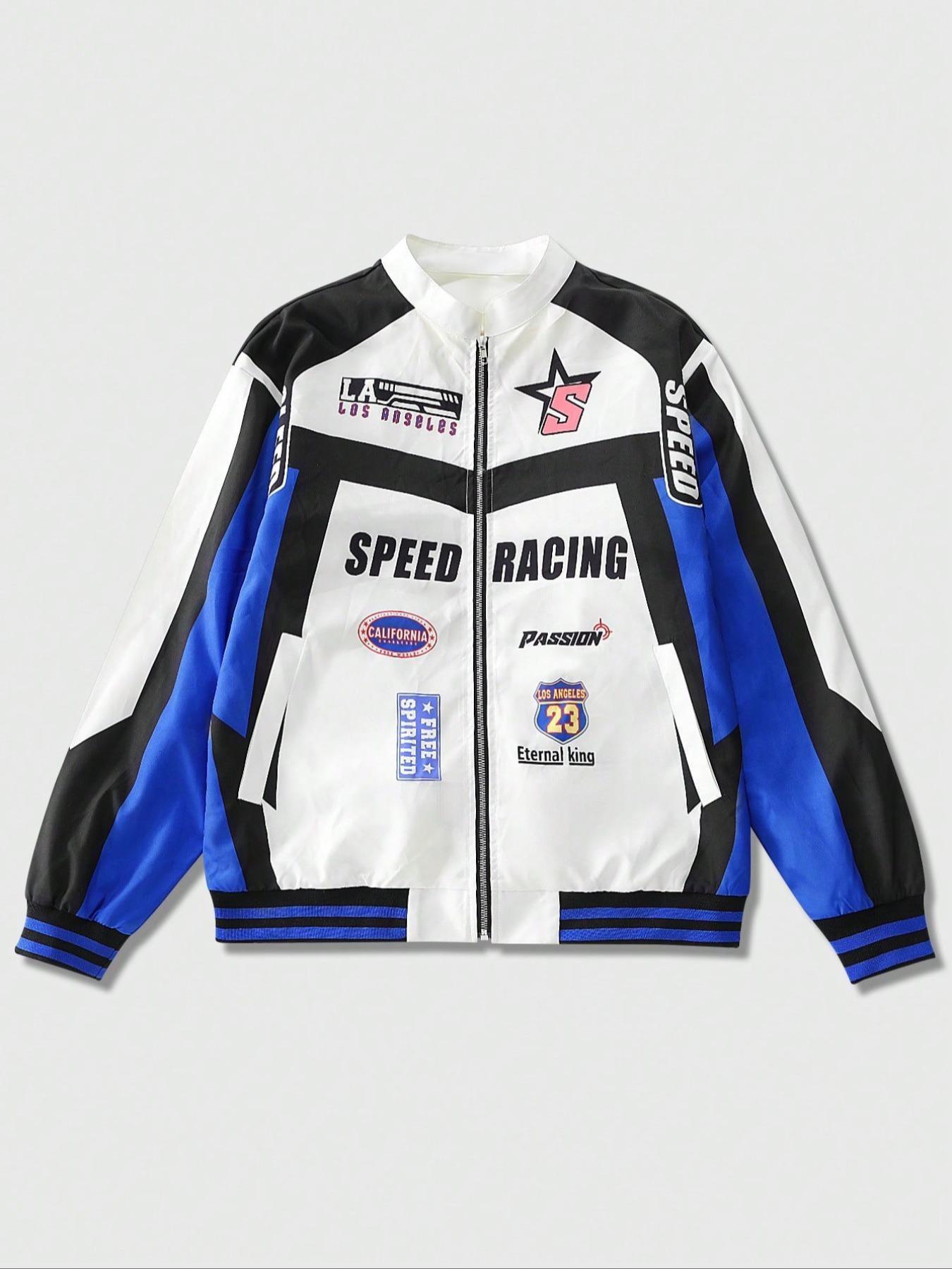Oversized Hypebeast Racing Graphic Bomber Jacket – "SPEED RACING" & "Eternal King 23" Badge Streetwear Coat, Durable & Versatile Color Block Jacket for Casual Hangouts, School & Retro Aesthetic Outfits
