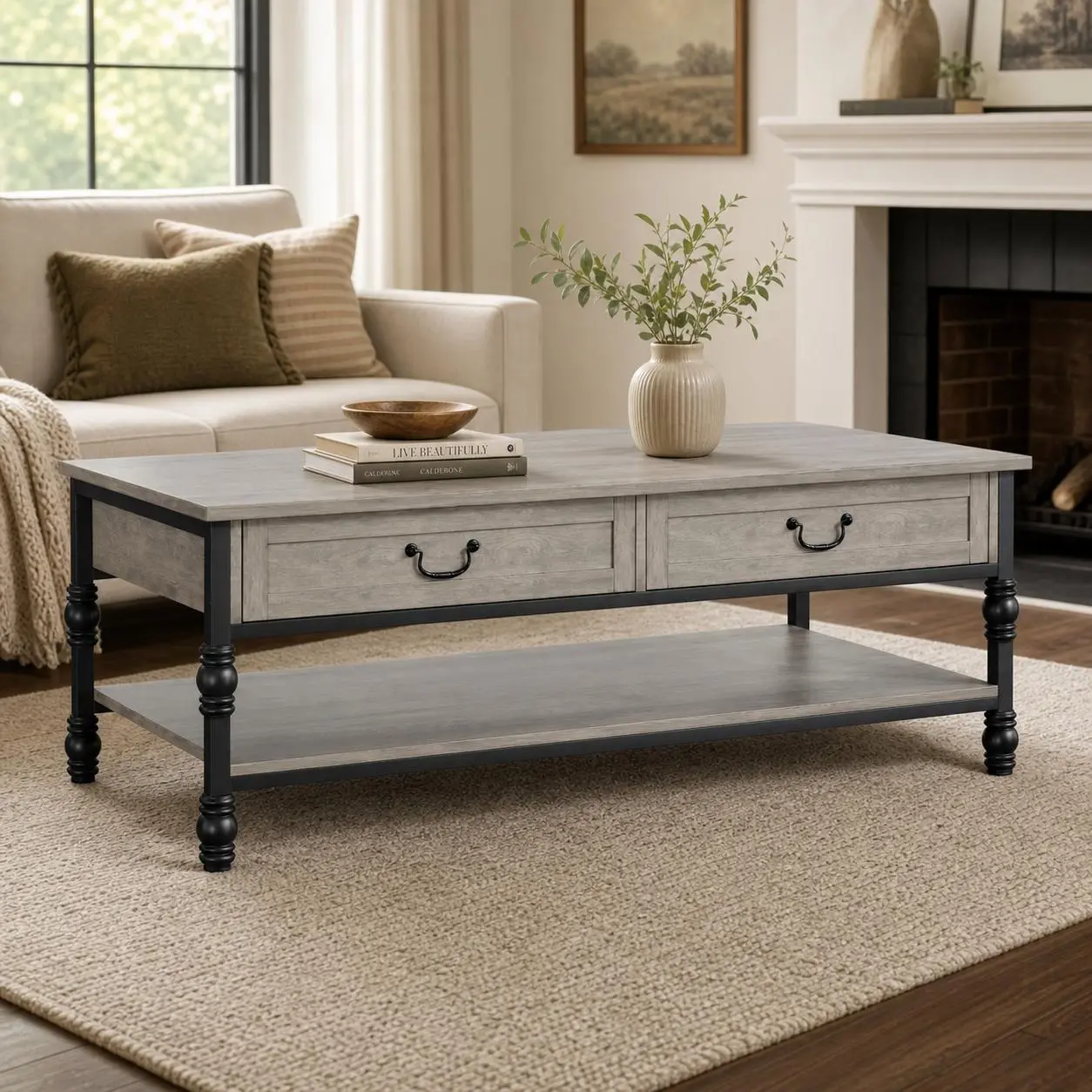 41-Inch Vintage Industrial Coffee Table with Roman Column Legs – 2 Drawers and Open Shelf, Gray