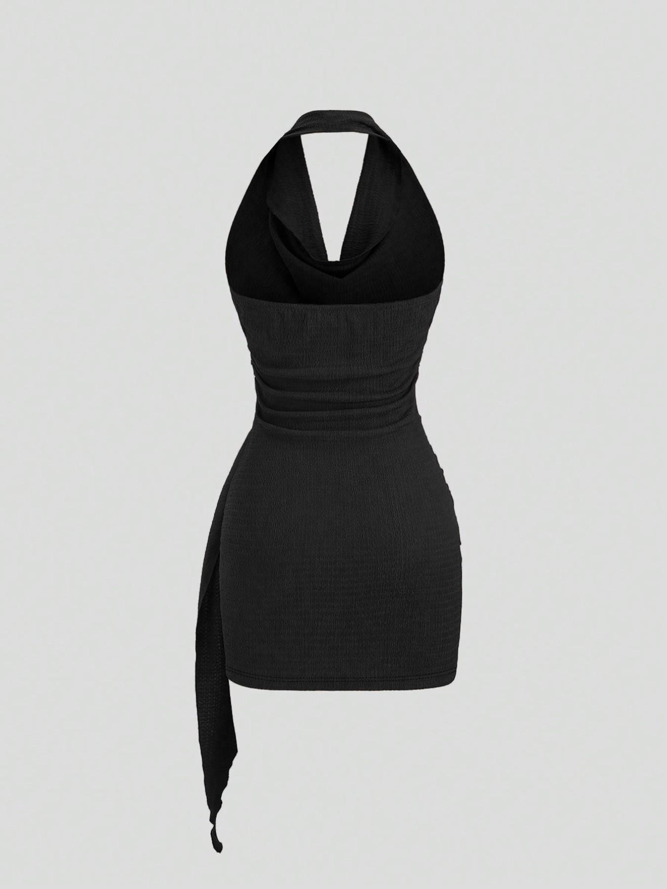 Women's Fashion Solid Color Ruched Halter Dress, Casual Office Wear, Elegant Backless Design, Perfect for Daily Wear, Stylish and Comfortable Dress