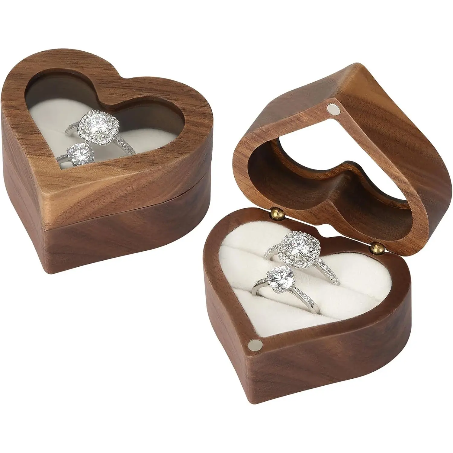 Wood Ring Display Box with Transparent Cover Single Slot 2 Slot, Heart Shaped Personalized Wooden Jewelry Box for Proposal Engagement Wedding Ceremony Anniversary (White - 2 Slots)