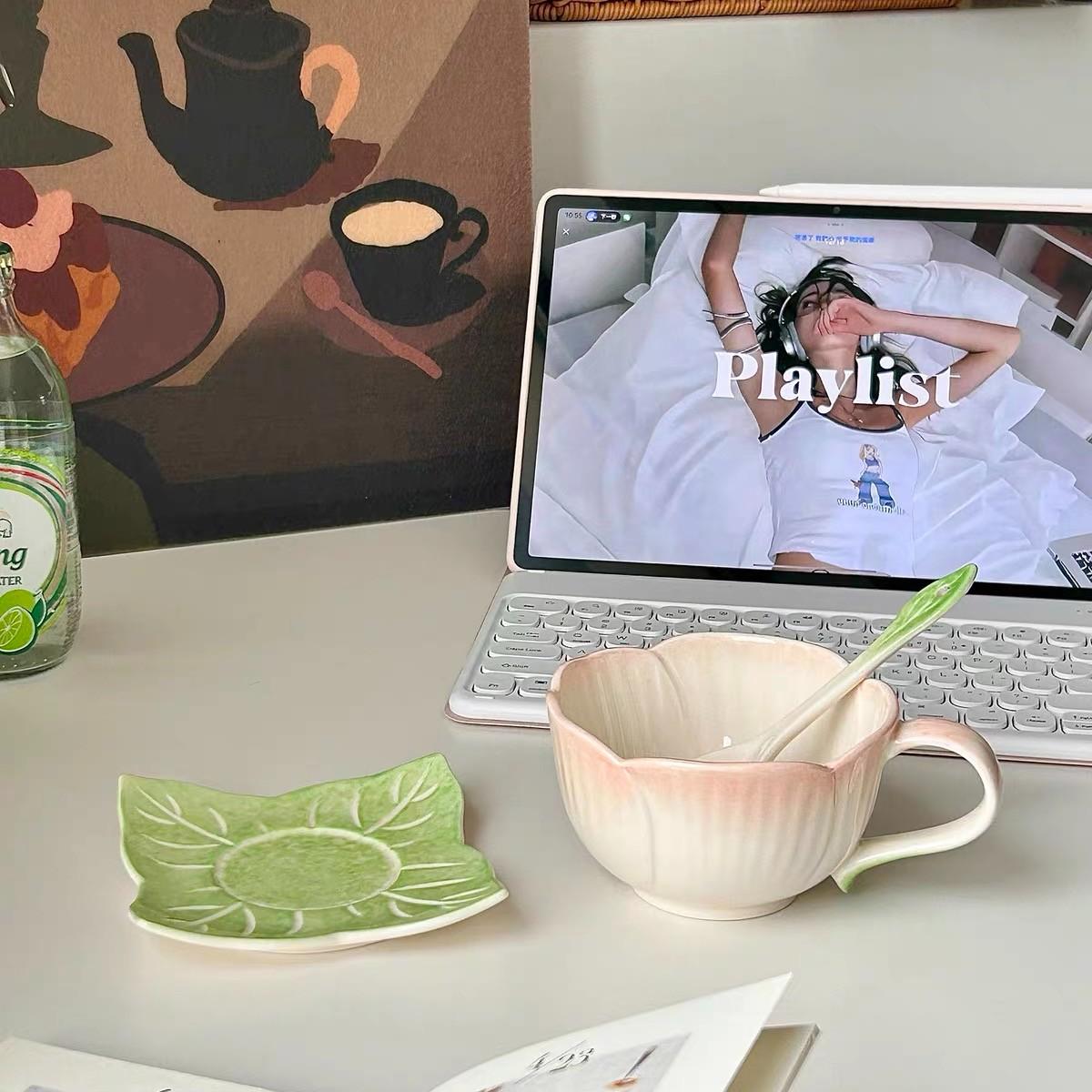 Gift for Her 💗 Floral Embossed Ceramic Cup with Saucer  Vintage Coffee Mug therapeutic cup for Cappuccino   Latte Art Coffee Cup Pink and Blue Flower Cup 🌸  Aesthetic