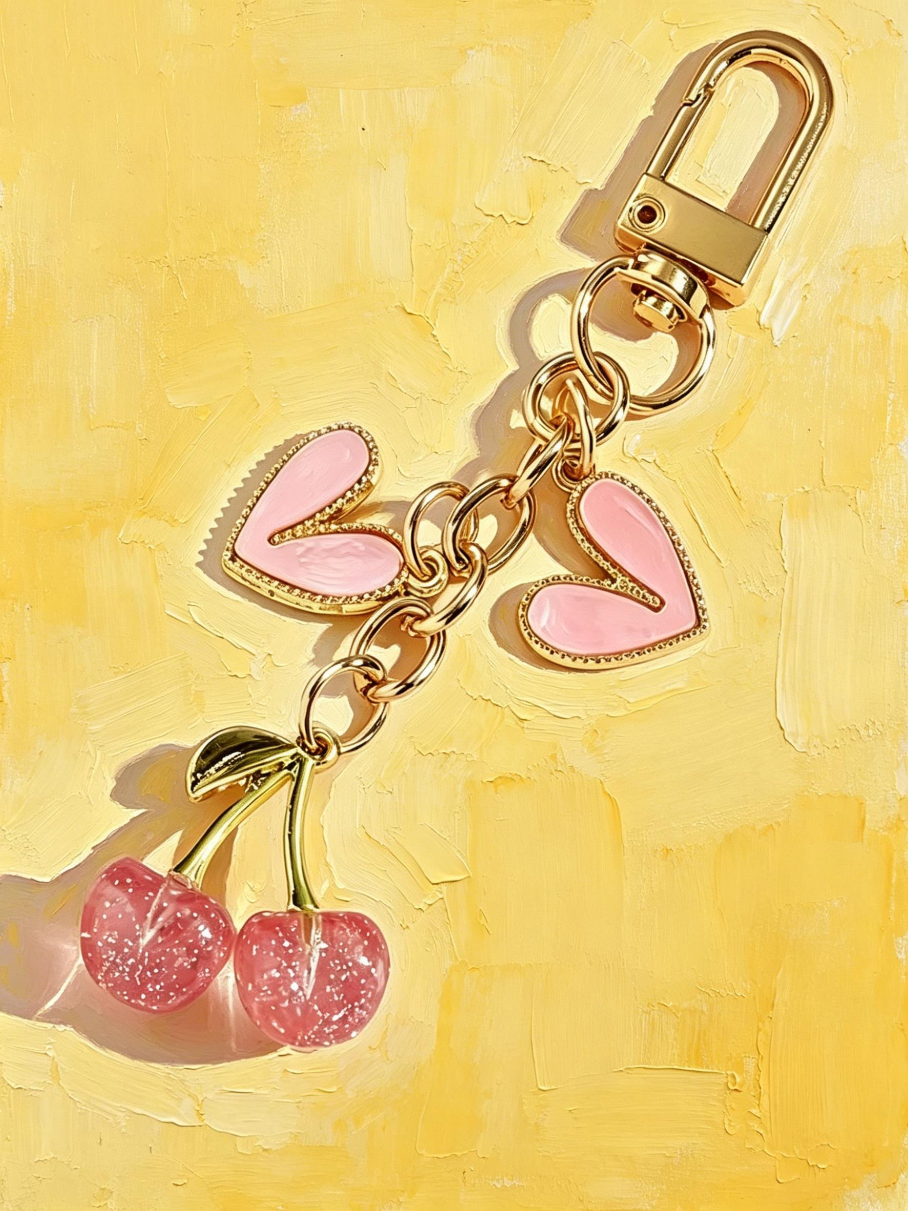 Elegant Cherry Heart Keychain for Women, Cute Glossy Cherry Key Ring, Fashion Bag Charm, Casual Style, No Choking Risk