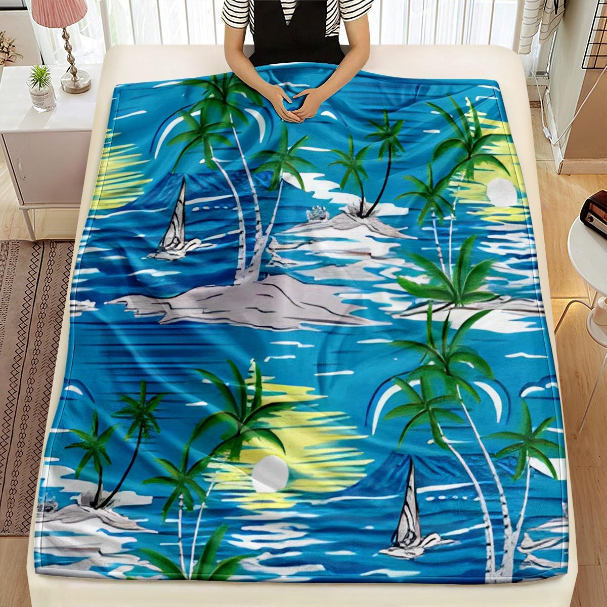 Tropical Island Coconut Print Blanket, Soft and Lightweight, Ideal for Sofa, Bedroom, Office, Outdoor, Multi-Use, Vacation Gift