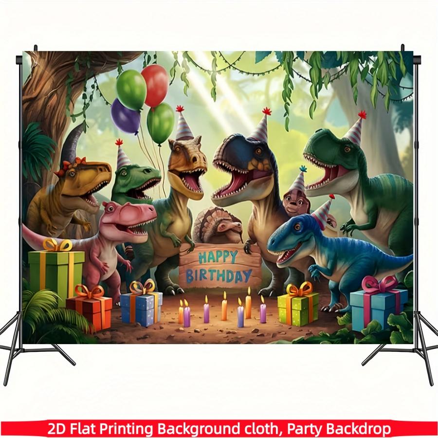Dinosaur birthday party background banner with cartoon dinosaurs, balloons, and gifts, decorated with polyester material background cloth, suitable for photo booths, parties, birthdays, celebrations, and indoor and outdoor home birthday party decoration