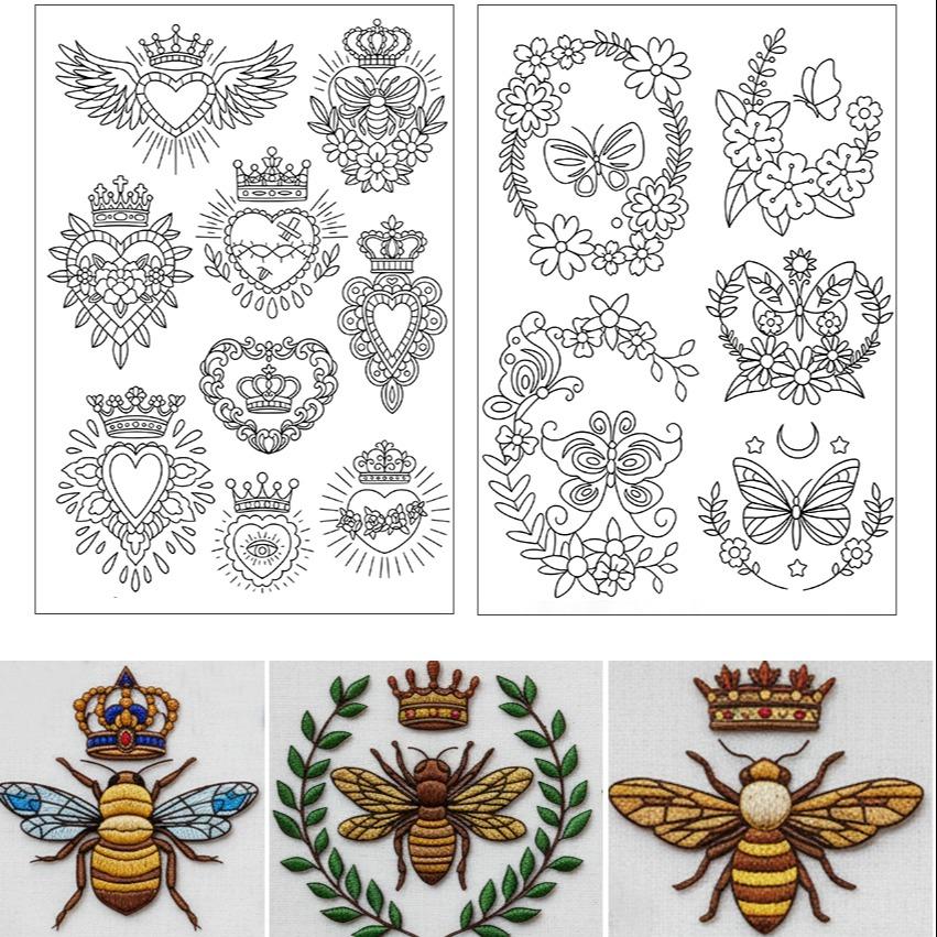 43Pcs Bee With Crown Water-Soluble Embroidery Patterns, Plant Pre-Printed Stabilizer Embroidery Stickers, Non-Woven Self-Stick Embroidery Stickers