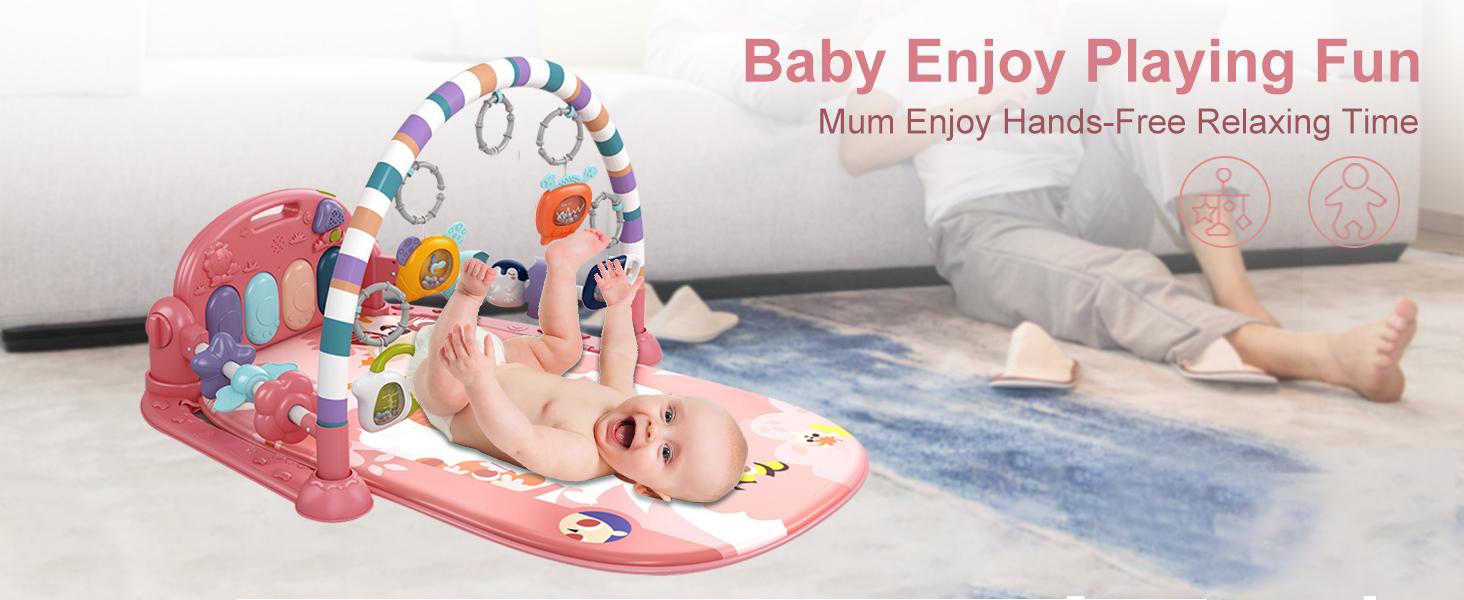 Baby Play Mat Baby Gym with 5 Infant Sensory Toys, Music, Lights & Piano for Newborns 0 to 3 Months (Pink) Entertained