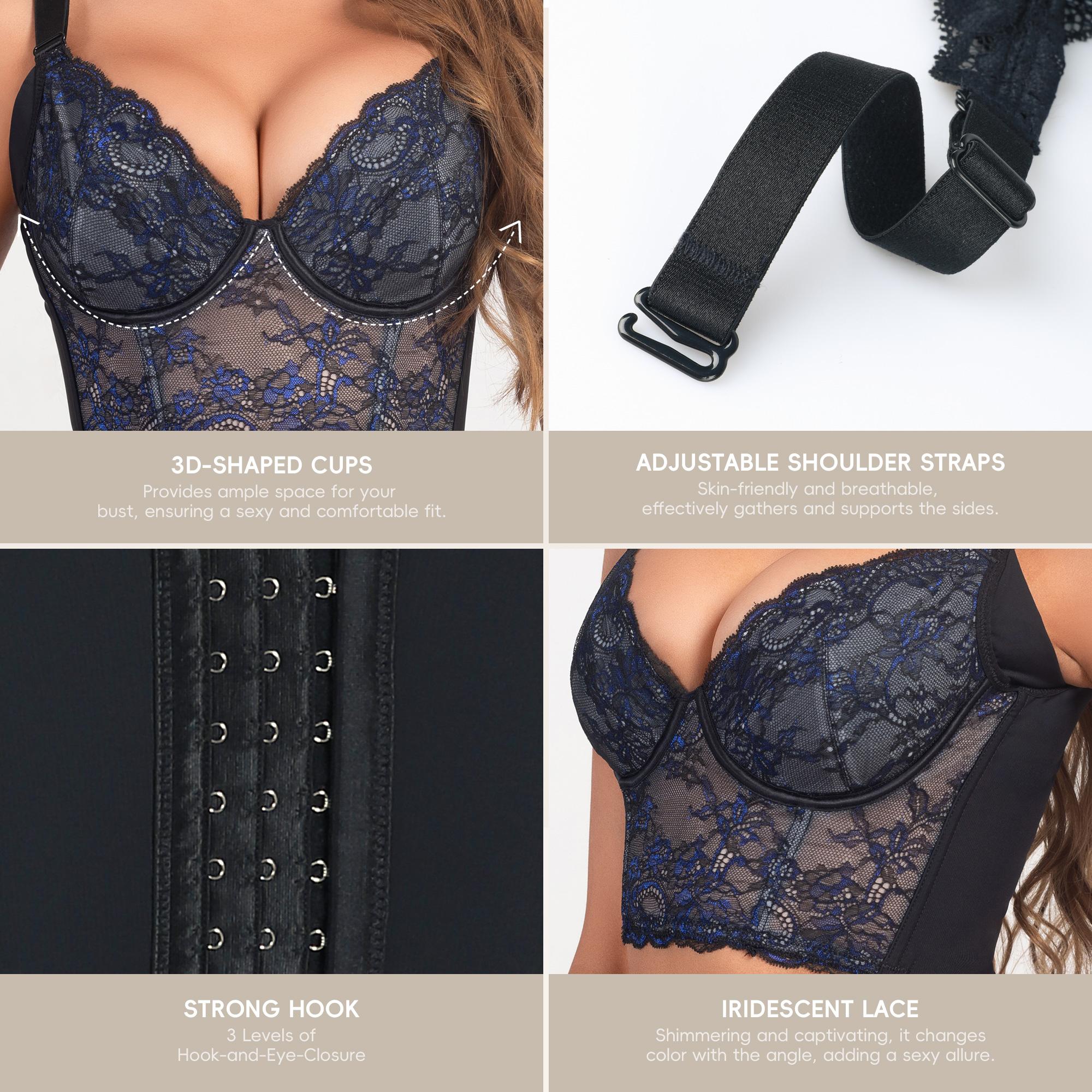 QOU Sexy Lace Bra, Push Up Bra, Plus Size Deep V Neck Bustier Corset Top for Women, summer outfits, Blue Undergarment Shaping Lacy Fashion Shapewear, Bottom Comfortable minimizer bra, Basic Womenswear, Underwire Minimalist bras plus size bra pack