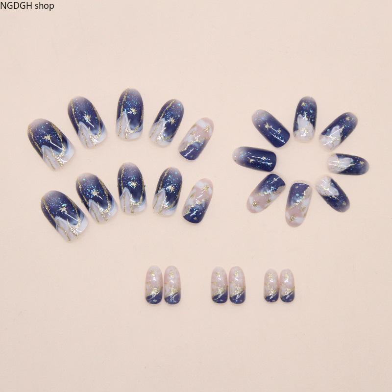 Nail Art - Navy Blue Galaxy Star Glitter Press On Nails Long Almond 3D Celestial Glam Fake Nails Nail Art Accessory Women