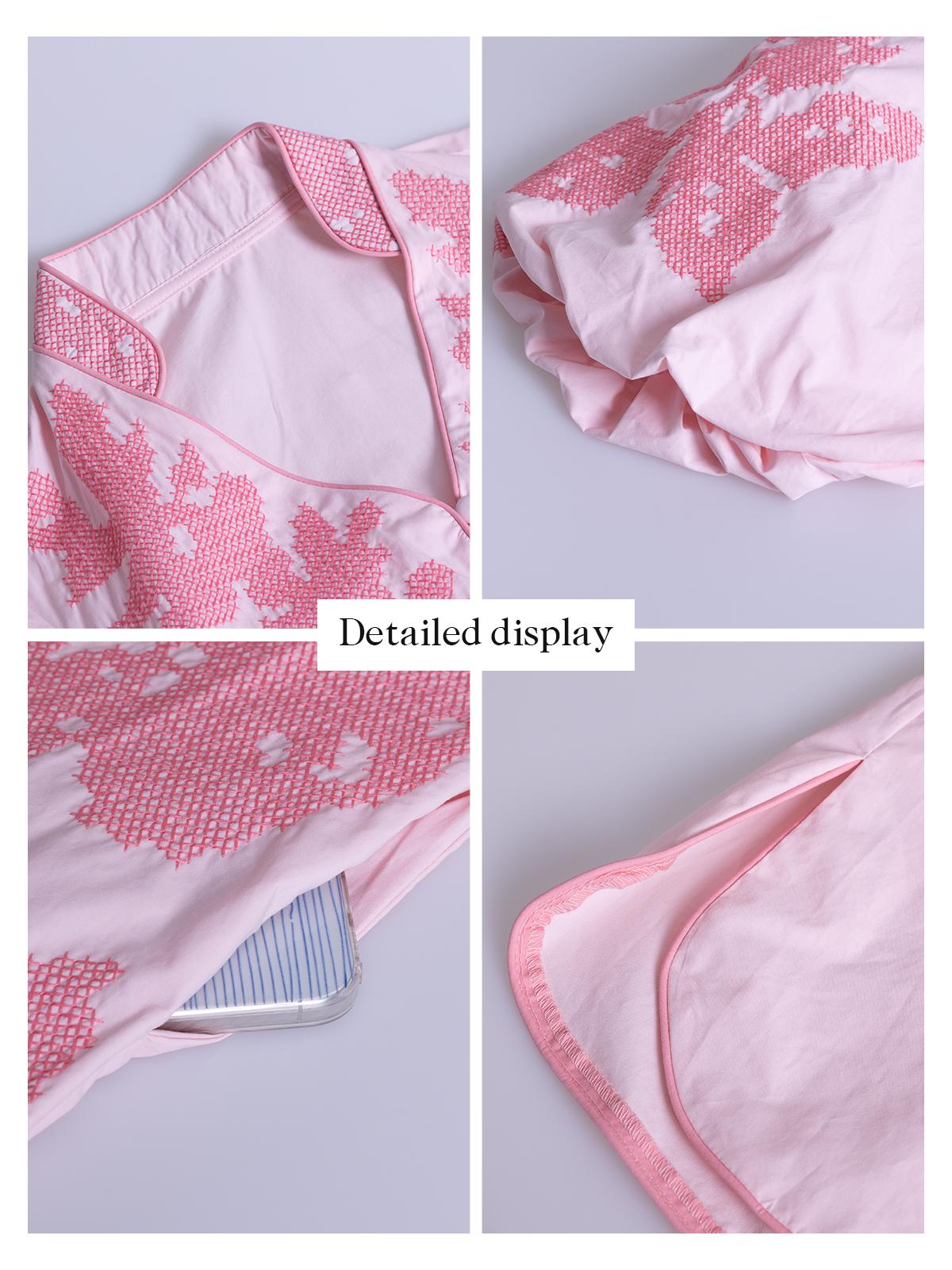 D-Sun Women Casual V-Neck Mid Dress Floral Embroidery 3/4 Sleeves Spring Summer Tunic Dress Loose Zip Party Dress with Pocket