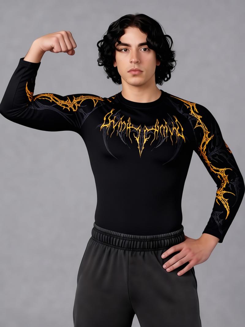 Men's Professional Sports Quick-Dry Fitness Shirt, Gothic Print Long Sleeve, High Elasticity, Round Neck, Moisture-Wicking, Running, Training, Daily Wear, Gym Workout Shirt Men's Professional Sports Quick-Dry Fitness Shirt, Gothic Print Long Sleeve, High Elasticity, Round Neck, Moisture-Wicking, Running, Training, Daily Wear, Gym Workout Shirt