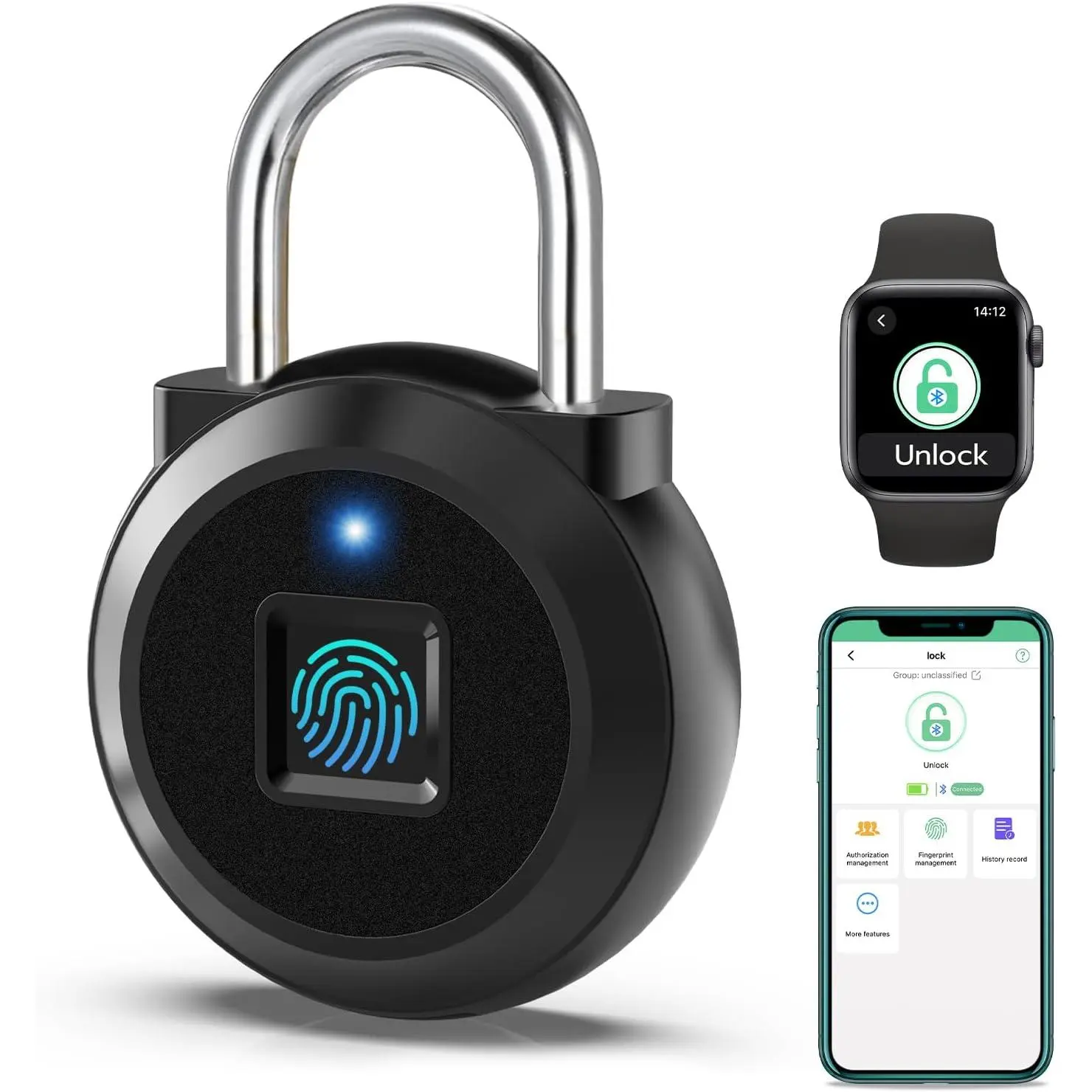 Lock, Gym Locker Lock with Bluetooth APP, Biometric Finger Print Padlock with, Waterproof Padlock for Locker School Suitcase Cabinet