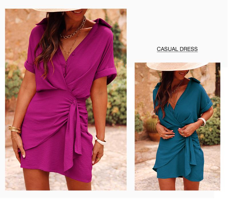 Asvivid Women‘s Summer Dresses Pleated and Waisted Basic Casual Shortsleeve Solid Color Button Front Dress Womenswear