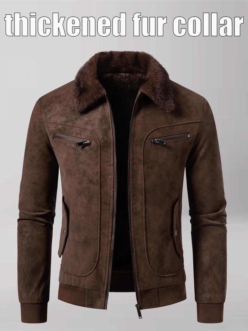 Men's Winter Velvet Jacket, Fleece Lined Thick Fur Collar, Vintage Lapel Multiple Pockets, Warm Motorcycle Coat