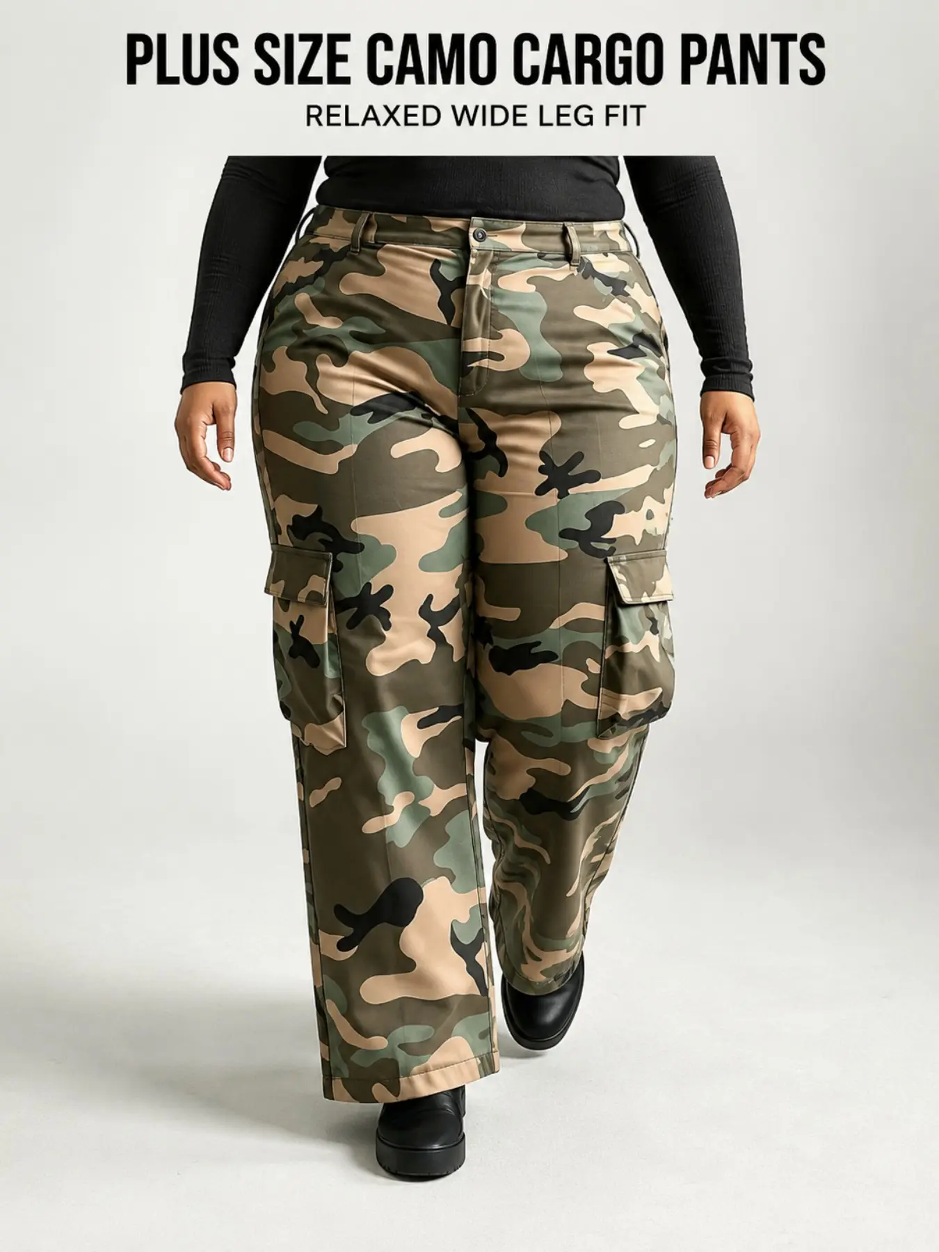 1PC Plus Size Women's Camo Cargo Pants, High Waist Loose Wide Leg Camouflage Trousers with Flap Pockets for Y2K Streetwear